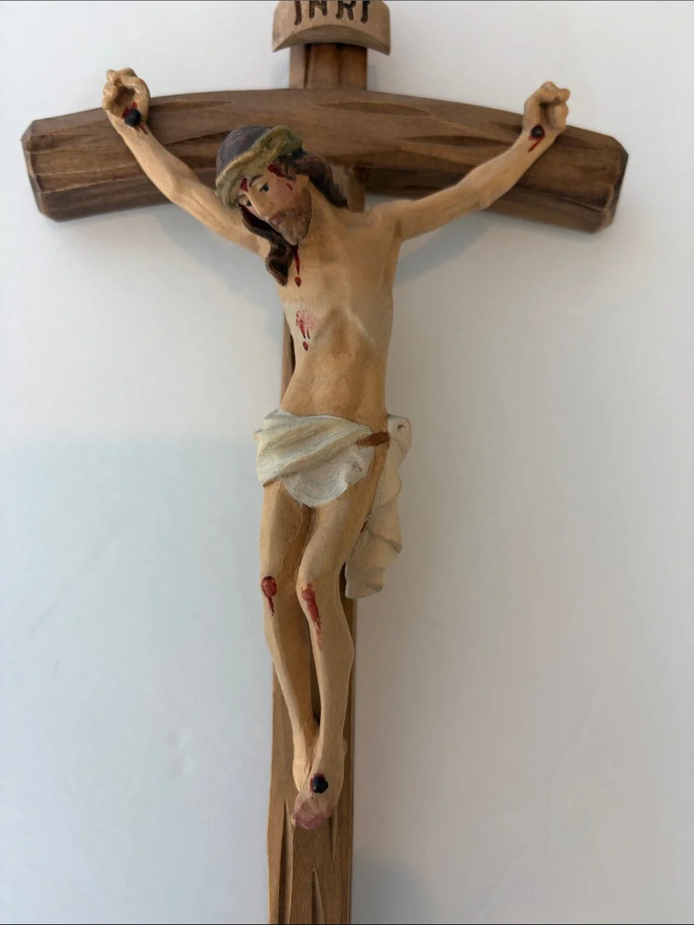 Wooden Wall Crucifix with Painted Christ Figure - 11.5”x5.5”